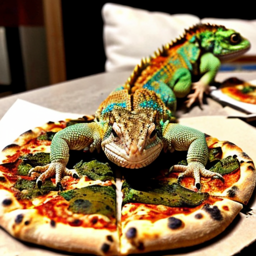A bearded dragon, eyes fully white with thunder coming out of them, levitating menacingly with pizza in the back round levitating as the lizard flies.