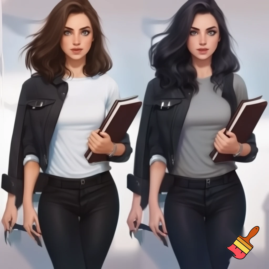 2 femme de 25ans l'une cheveux brune  mi carré l'autre long légèrement bouclé noire  avec un t-shirt blanc pro pour la premiere et un t-shirt gris pour l'autre un pantalon noir qui met en valeur leur forme et elle ont une veste en jean noir et un carnet de note dans la main version journaliste elle ont les bleu clair et sont très belle 