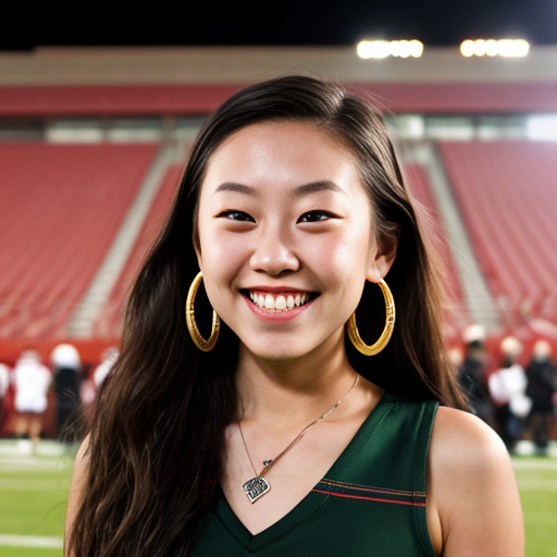 can you create an image of an early twentysomething half Scottish half Japanese USC student cheering in the stands at a football game. her tall, petite frame. She has a closed‑lip smile, her beautiful facial features—high cheekbones, almond‑shaped eyes, and a smooth complexion—clearly visible. Her head is shaved. She appropriate clothing, complemented by large hoop earrings, additional layered jewellery, and a septum ring. 