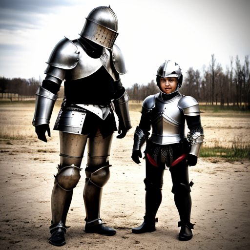 Small man in armor with smaller man in armor
