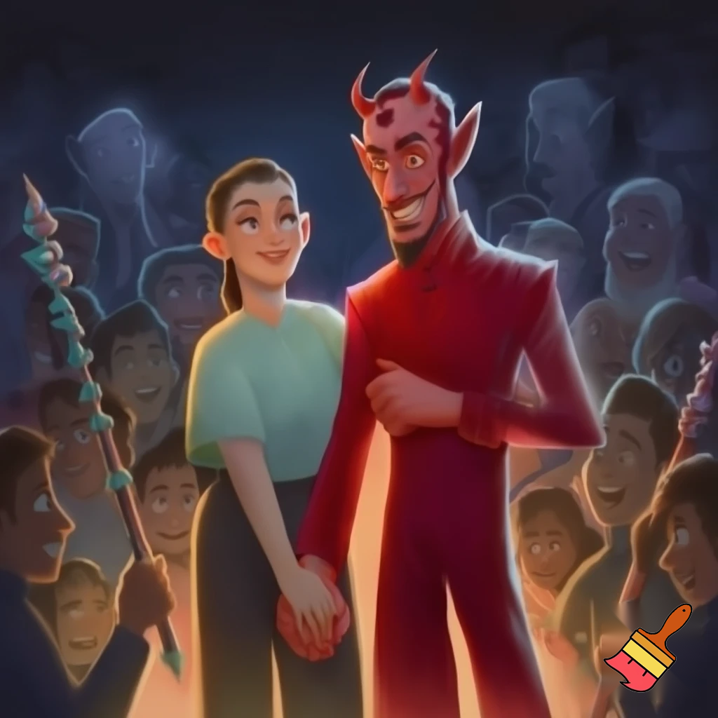 claudia sheinbaum holding hands with the devil and smiling, full body, and deep down people smiling with long weapons