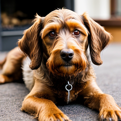 a brown dog with white underbelly and chin cockapoo
