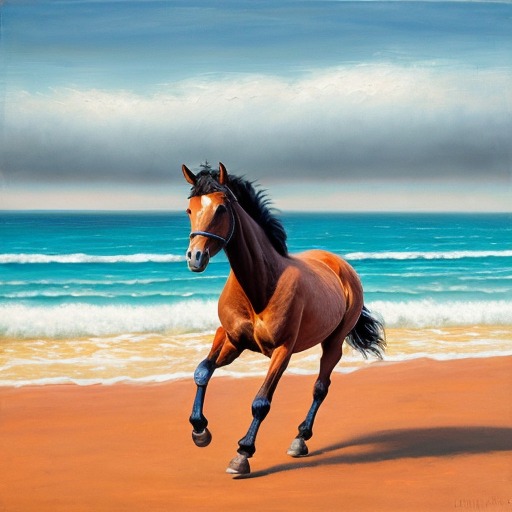 cavallo che corre sulla spiaggia con mare agitato e cielo annuvolato. L'immagine deve essere pittoresca e assomigliare a un dipinto a olio.
