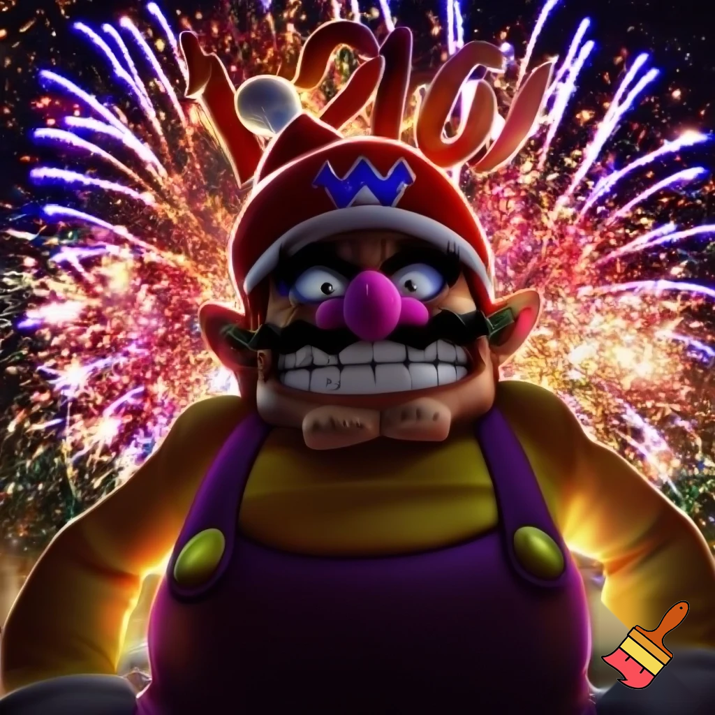 Wario in a Santa hat with fireworks saying 2026