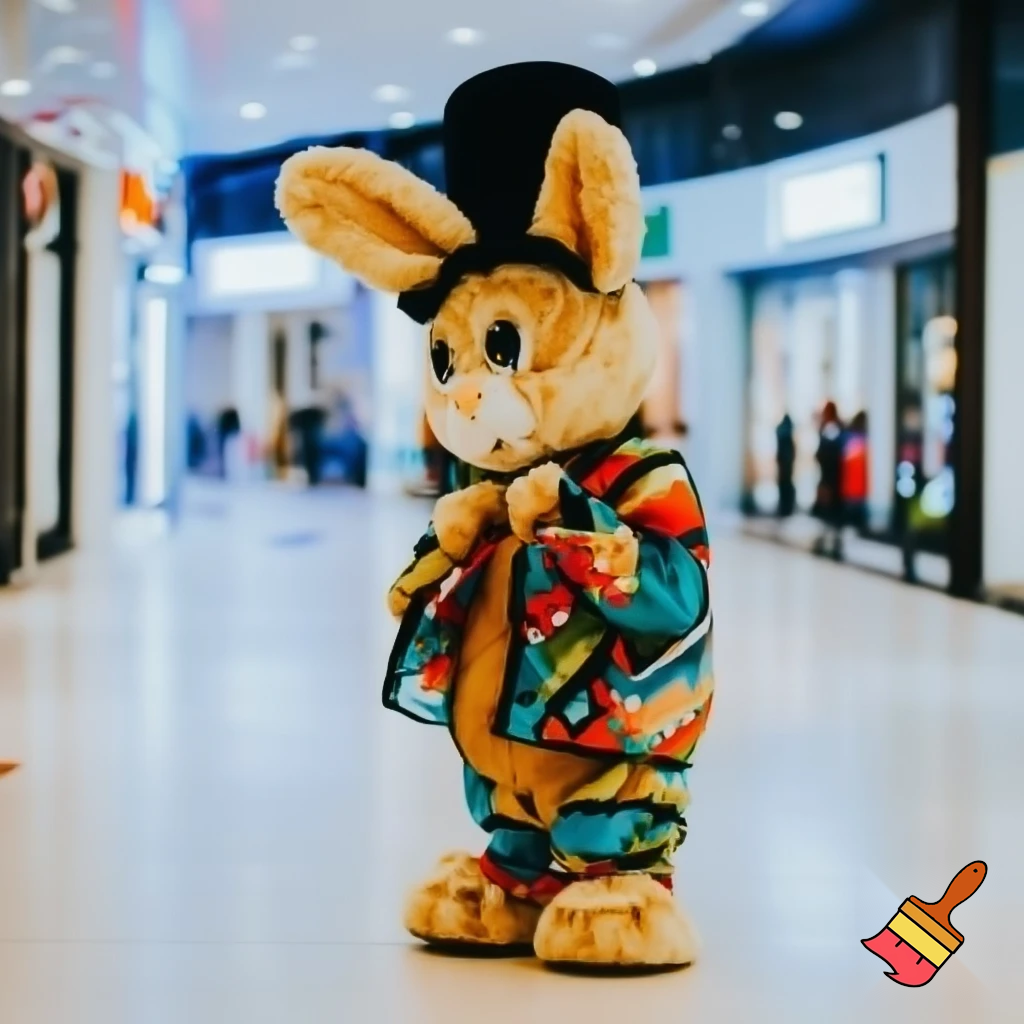 Easter bunny mascot costume top hat shopping Centre colourful jacket