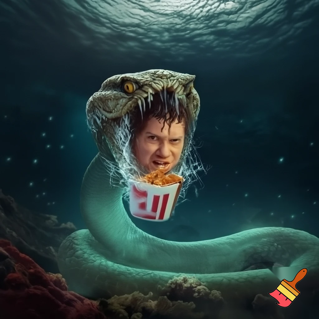snake with human head in the ocean eating KFC
