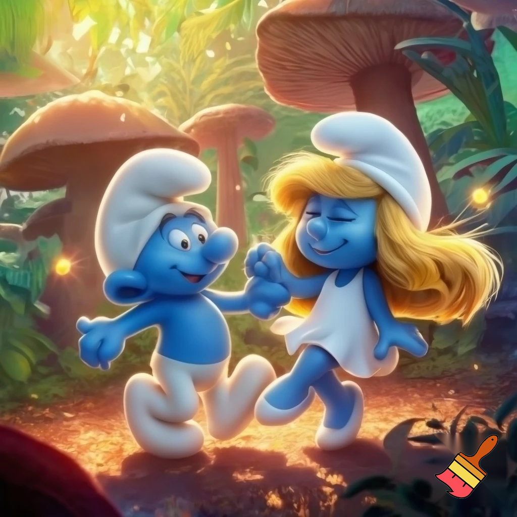 Show me a Smurf and Smurfette dancing together.