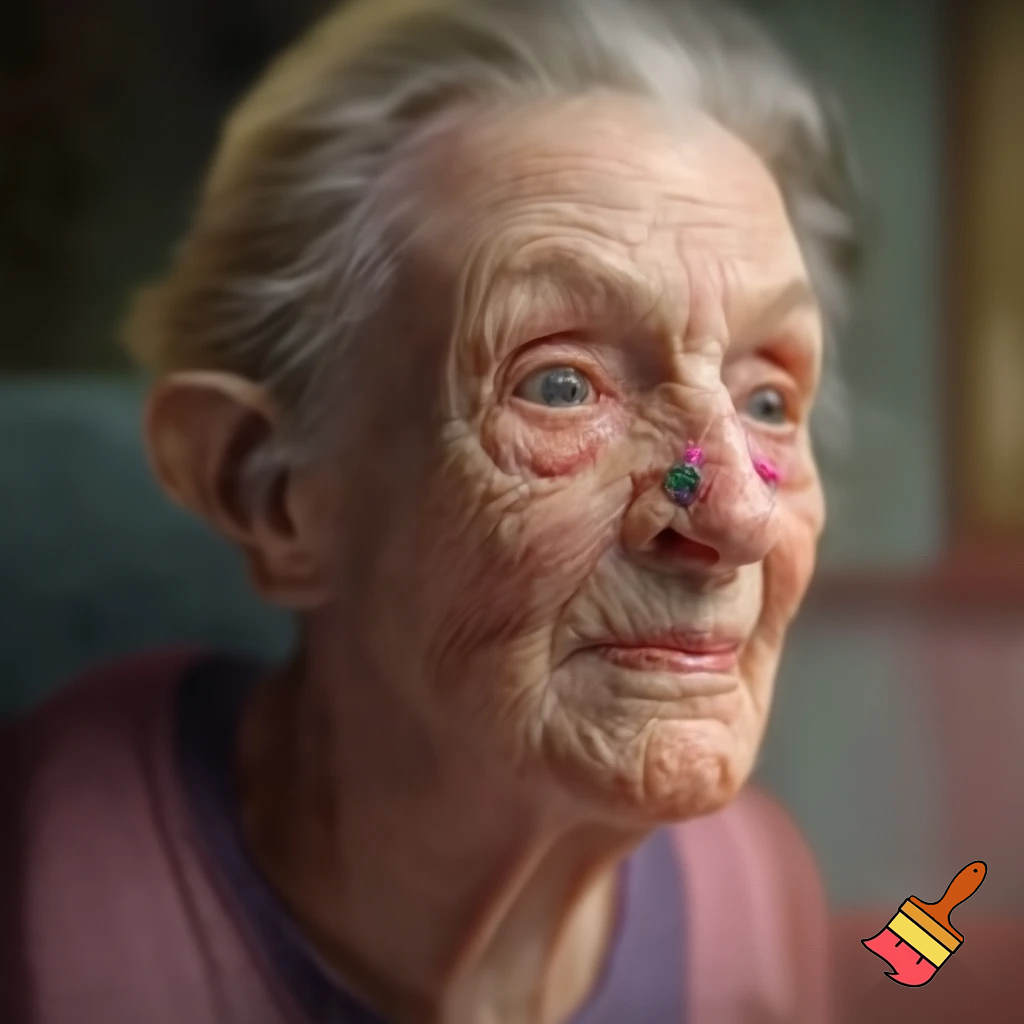 Draw an old lady with earplugs in her nostrils