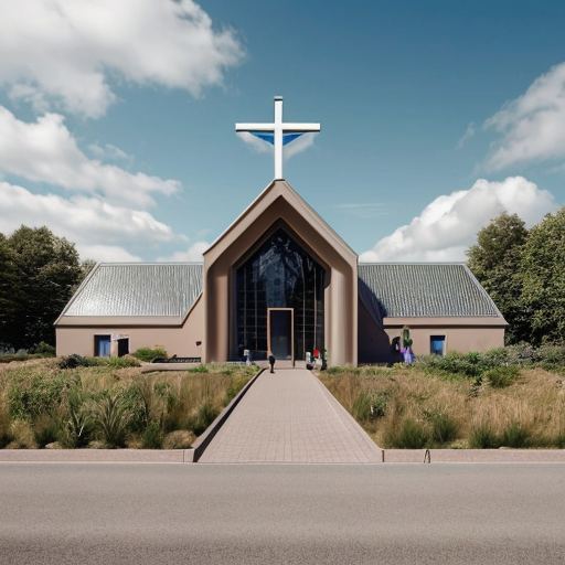 Asland Human peoples and children with sci-fi futuristic clothing at the Asland village with flag of Asland with white field and red-linned black saltire, beige sci-fi futuristic houses with red brick sci-fi futuristic roofs, grey sci-fi futuristic houses with red brick sci-fi futuristic roofs, beige sci-fi futuristic Catholic church with red brick sci-fi futuristic roof, road, gardens, corn fields, meadows taiga forest, hills and cloudy sky in May 2621.
