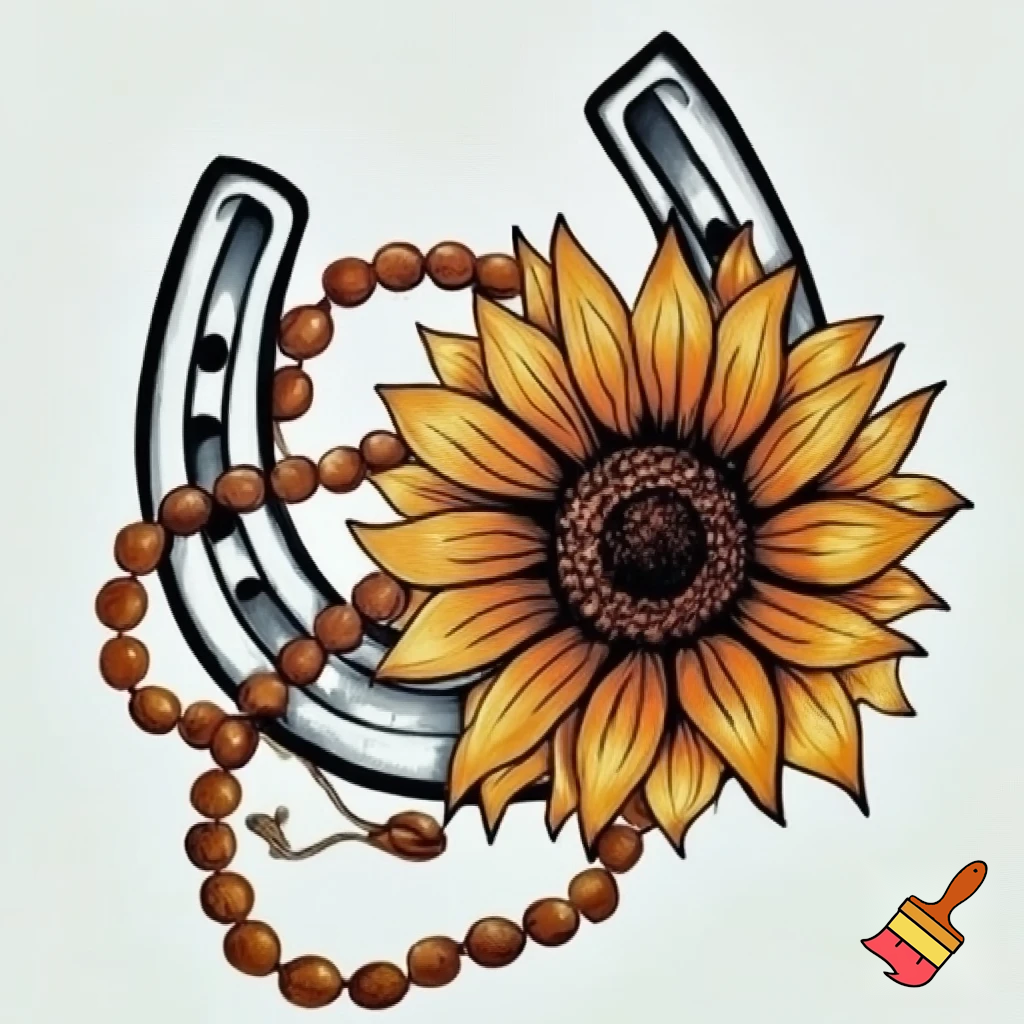 Tattoo with horseshoe, sunflower and Prayer beads 