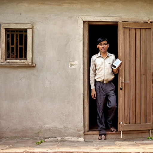 “honest boy knocking on rich man’s house door, holding wallet, simple village background”