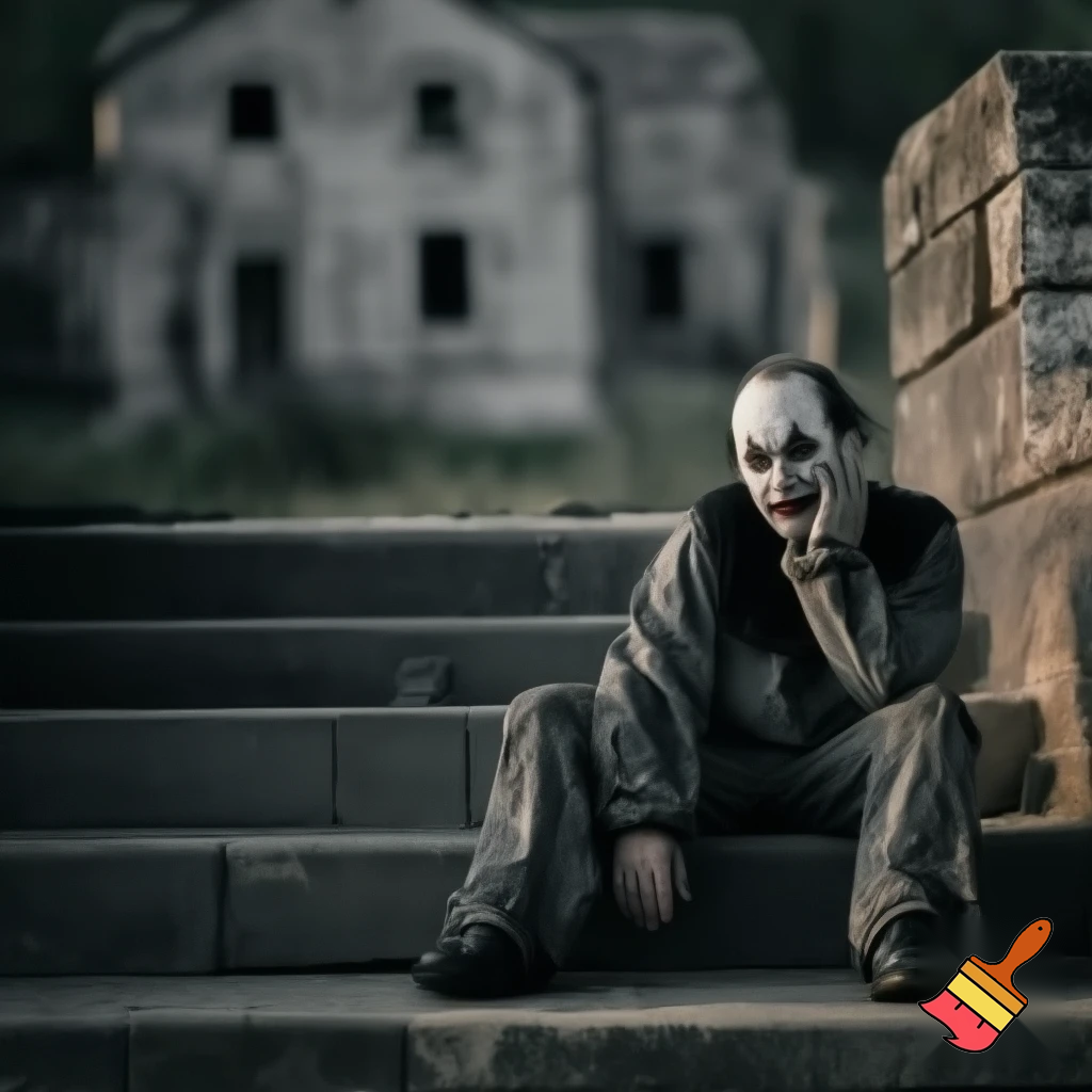 A sad clown sitting on a stone staircase in front of a dilapidated old house in shades of gray, holding his cheek in despair, with a sorrowful smile on his face. The scene is bathed in soft natural light, creating a calm and melancholic atmosphere, with cinematic depth and detailed textures. Ultra-realistic, 4k, cinematic realism.