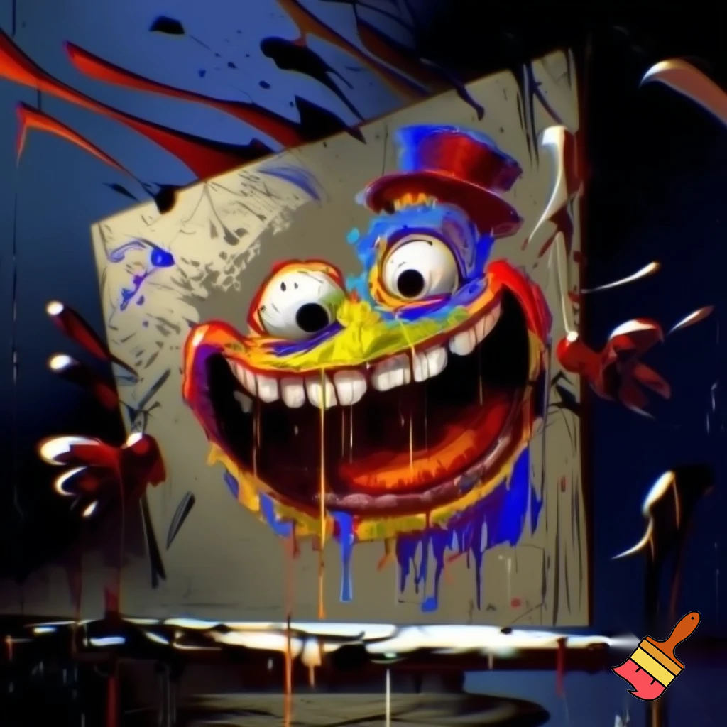 Create a random funny guy painting on a canvas but it gone horribly wrong