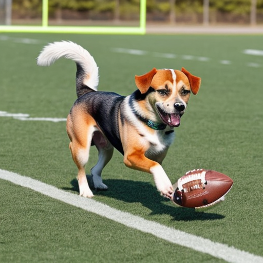 generate a picture of a cute dog playing football with other dogs
