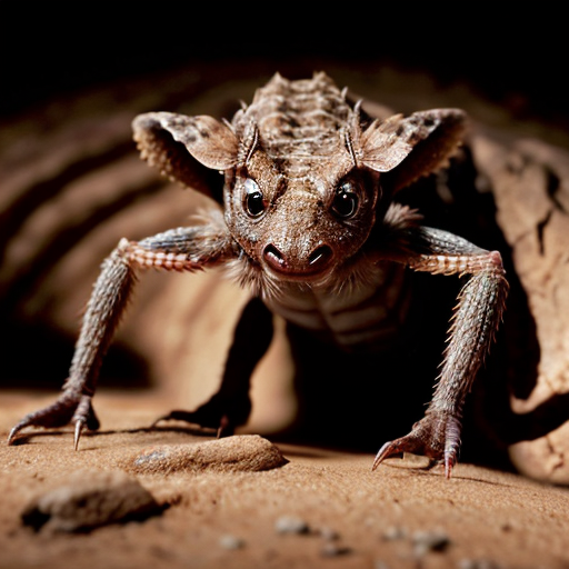 Generate a creature that stands on 4 legs, has large claws on the front and back legs.
Has scales along its body that are shades of brown
Have this creature be burrowing underground 