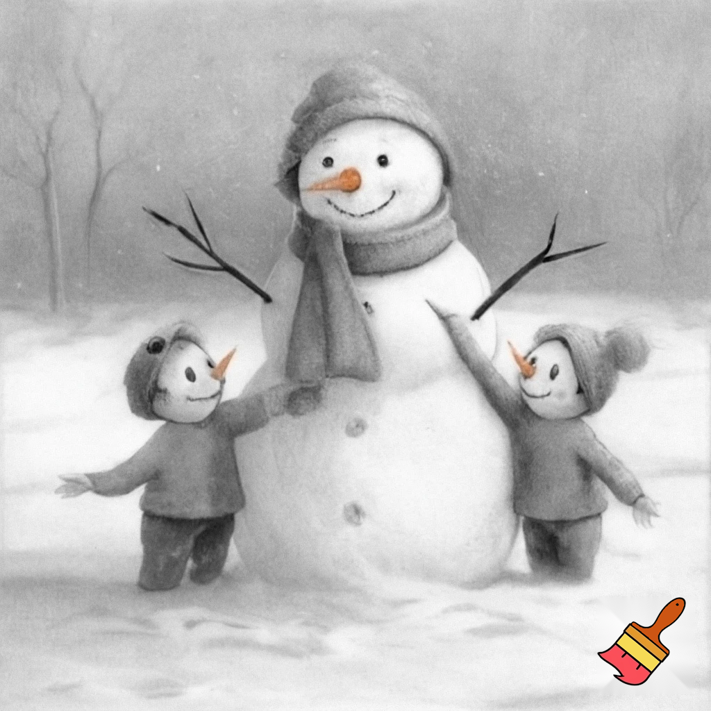snowmen mum and two sons pencil drawing 
