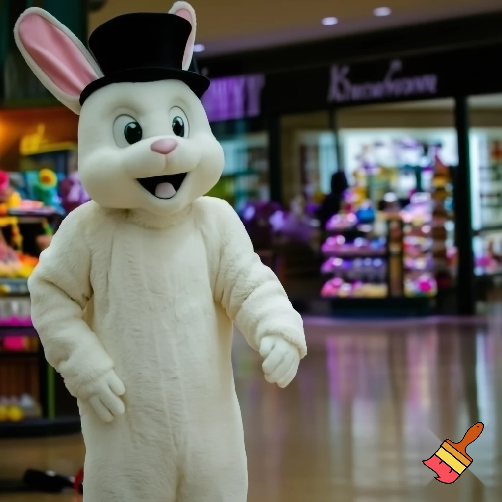 Easter bunny mascot top hat at the shopping centre mascot costume Darrell Lea magic room