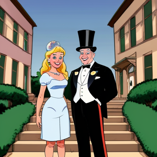 Cartoon Lottie from princess in the frog standing next to a man in a suit (the mayor)
	•	City building or mansion behind them
Details: top hat, cane, steps
