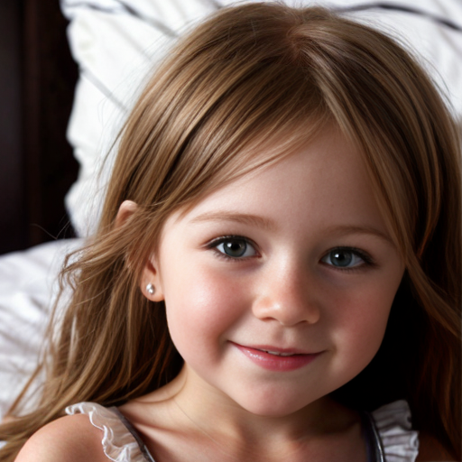 finnish little girl at night dress, very beautiful and eager, long auburn hair, on the bedroom, close up
