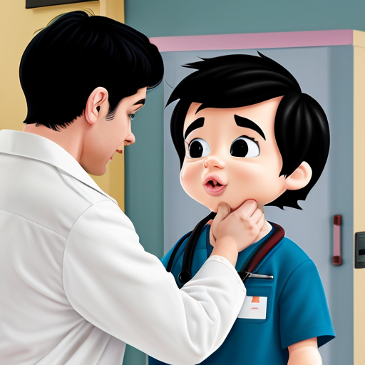 cartoon baby boy with black hair getting checked  on by the doctor
