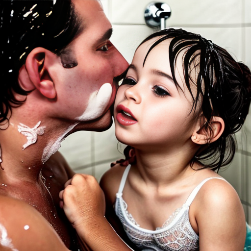 Genera la imagen real de 3 niñas pequeñas de 6 años, en la ducha, vestidas con lenceria de encaje transparente con su padre besandose