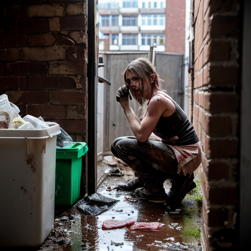 Photorealistic cinematic photograph of a grim, filthy urban back alley scene at dusk. A muscular, sweaty man in his 40s with dark messy hair tied back, wearing a blood-stained red tank top and apron, stands behind a makeshift wooden table. He is aggressively chopping raw meat and body parts with a cleaver on the bloody table, surrounded by plastic bags full of meat and gore.

Under the table in the shadows, two completely naked, dirty, malnourished women are crouched in the trash. The woman on the left has long disheveled brown hair, sits with legs apart, looking exhausted and broken. The woman on the right has shorter hair, crouches hugging her knees, looking scared. Both are covered in dirt, grime, and bruises.

The ground is covered in garbage, broken concrete, puddles, and trash bags. A rusty green dumpster and a brown bin are visible. Crumbling brick walls with peeling paint and a dirty window in the background. Extremely detailed, gritty texture, cinematic lighting with harsh shadows, hyperrealistic, documentary style, raw and disturbing atmosphere, 8k photorealism, sharp focus, natural color grading with desaturated tones and strong reds from the blood and apron.