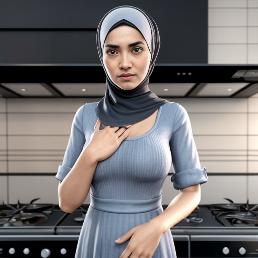 Pixar-style 3D cartoon character, standing at the stove, cooking gesture, exaggerated cartoon features, big expressive eyes, Muslim woman 35-40 years old, fully covered in wide light blue dress, loose modest clothing, headscarf covering all hair, no sexualized features, gray background, simple cartoon style
