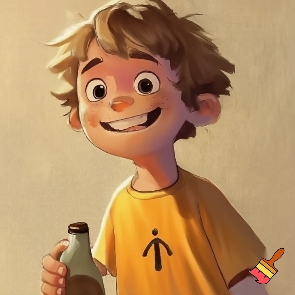 cartoon illustration of a young boy with light skin, shaggy light brown hair, and a wide smile. He’s wearing a loose yellow-orange t-shirt with a small black stick figure logo on the chest. He holds a vintage-style bottle in one hand. The style is semi-realistic cartoon with clean linework, warm beige textured background, and expressive facial features like thick eyebrows, freckles, and bright eyes. The mood is playful and nostalgic.