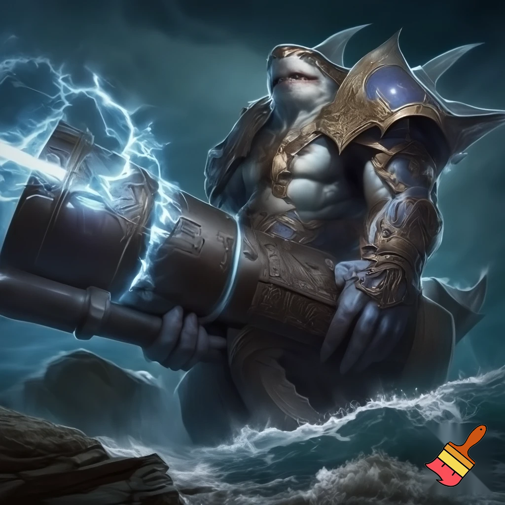 King shark prince nanaue using a heavy artillery gun