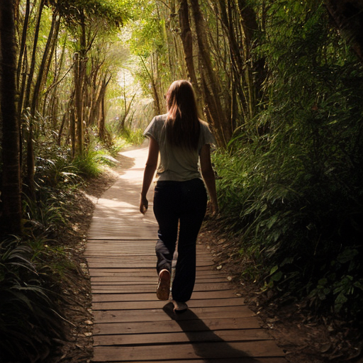 “Teen girl dressing pants 
walking home through Amazon path, soft mystical glow behind her.”