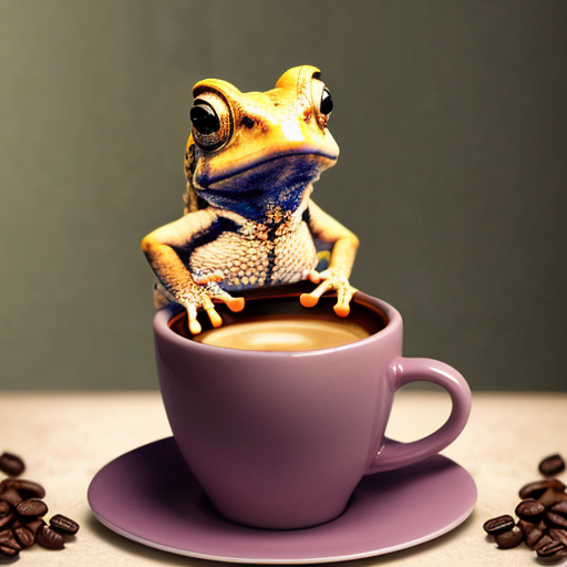 A hillarious, funny boho toad with some hippie colored coffee cups. Psychedelic decorated background.