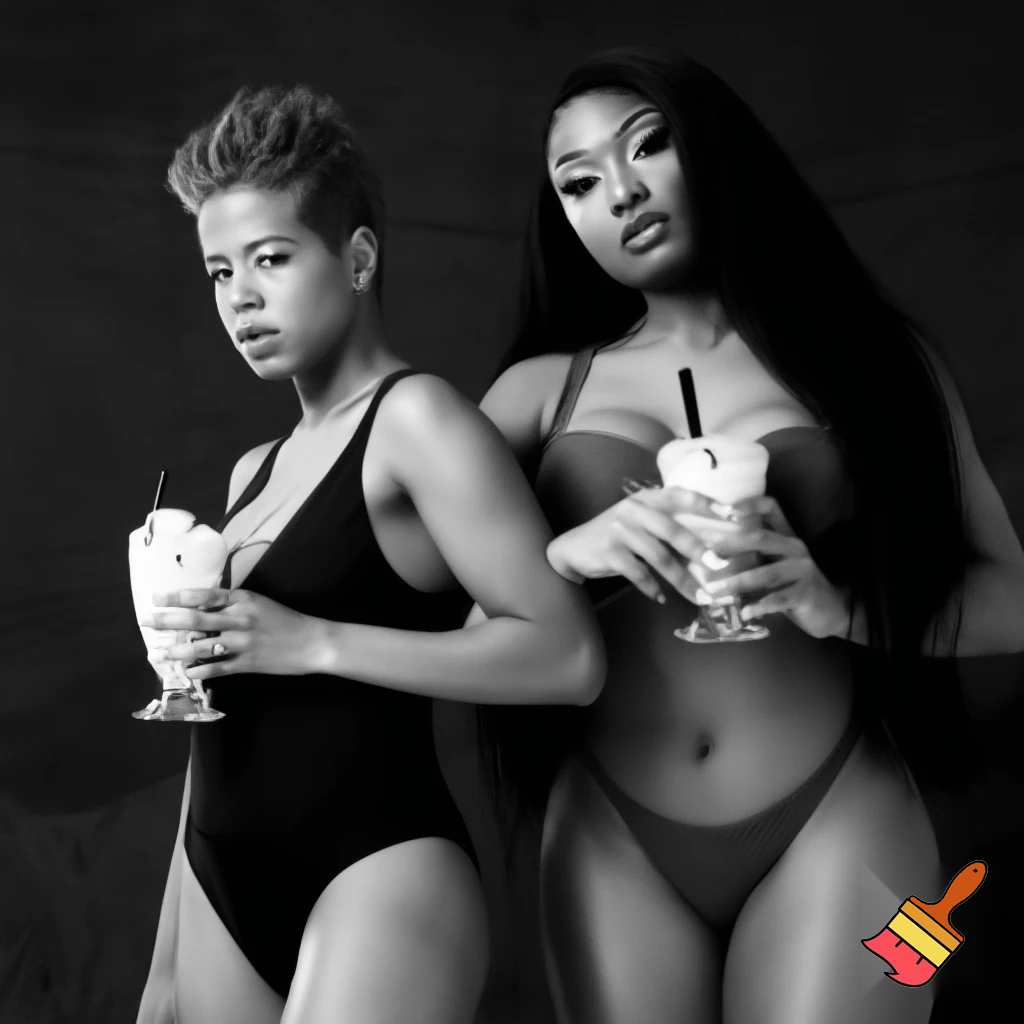 Black and white sports illustrated magazine cover of Kelis and Megan Thee Stallion Kelis wearing a black bathing suit and Megan Thee Stallion wearing a brown bikini both holding milkshakes
