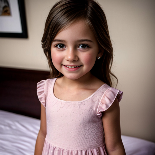 Brazilian little girl at night dress, very beautiful, on the bedroom, close up