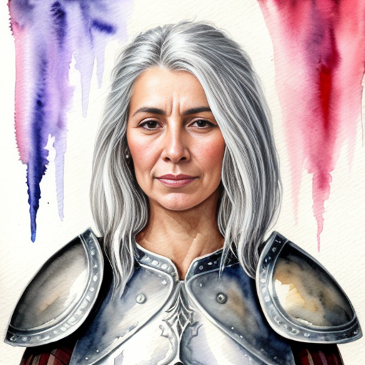 young, tall, white-haired woman in armor is sad because a Turkish man stole her knife.