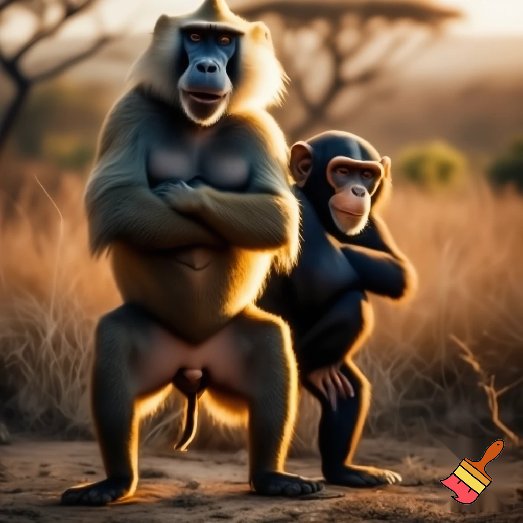 A baboon smiling and standing on his two legs with his arms crossed and looking at a chimpanzee that is standing on his two legs with his arms crossed and smiling