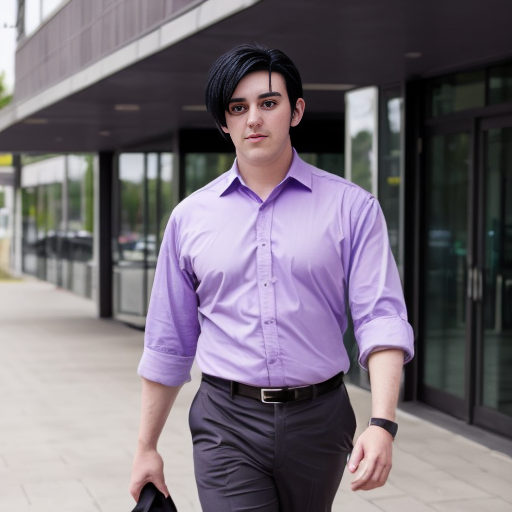 a anime tall guy with black hair purple eyes business pants
 