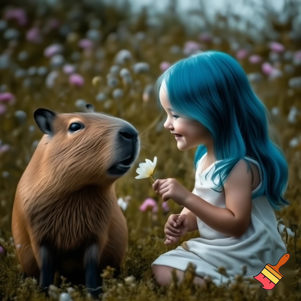 a girl in flowers with blue hair smileing holding a flower for the capybara
