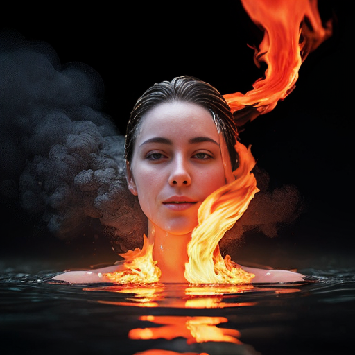 An 8K ultra-realistic, 9:16 vertical cinematic portrait that transforms the provided female model while maintaining 100% absolute likeness. The model features smooth skin tones and a piercing, symmetrical gaze directed at the camera. Her physical form serves as the conduit for a dramatic elemental split: the left side of her torso and face is wreathed in roaring, hyper-detailed orange and yellow flames, while the right side is encased in crystalline, splashing cerulean water and translucent ice droplets. Her hair is light and wispy, appearing to dissolve into rising smoke on the fiery side and shimmering mist on the aquatic side. The shot is a medium close-up with a shallow depth of field, utilizing high-contrast cinematic lighting to emphasize the clashing textures of flickering embers and refractive liquid. The primary setting is a dark, atmospheric void where the foreground is cluttered with floating sparks, glowing cinders, and suspended water molecules. There are no written mediums or canvases, only the raw interaction of fire and water scatter swirling around the subject’s shoulders and hands in a display of photorealistic power. 