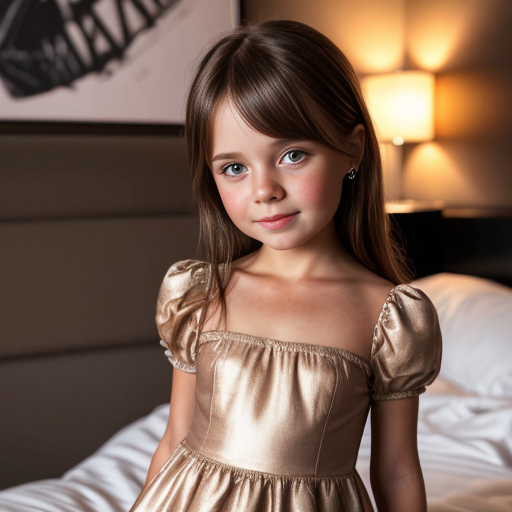 finnish brunette little girl at night dress, very beautiful and eager, on the bedroom, brown eyes