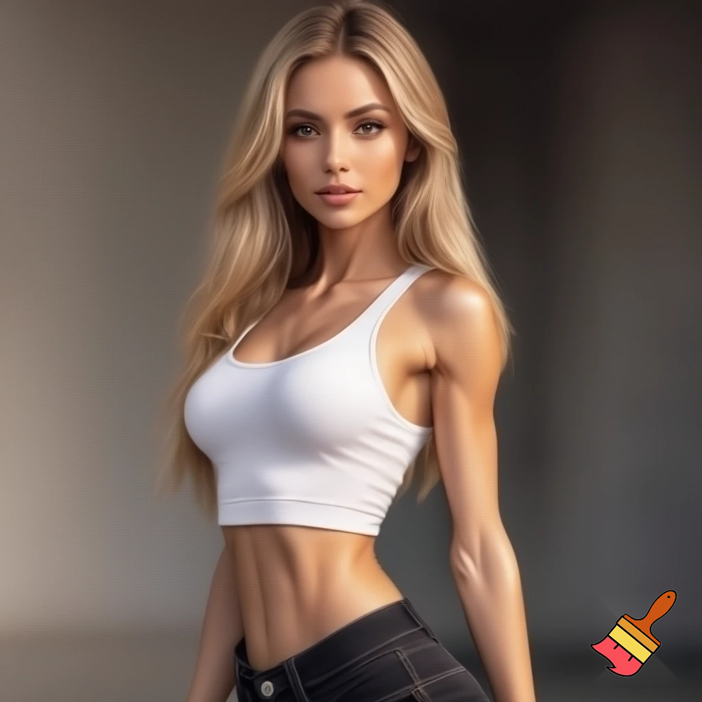 Photorealistic portrait of a woman, approximately 22 years old, with long legs and athletic figure. She has long, naturally flowing blonde hair, oval face, almond-shaped haselnut brown eyes, average eye spacing, slim straight nose, naturally full lips, soft facial features, harmonious proportion, big boobies and delicate, harmonious facial features. Her overall presence is confident, natural, and modern.  Natural daylight. white croptop, black jeans.