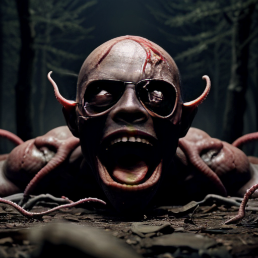 ​Photorealistic horror scene in a foggy, dilapidated cemetery. Three gaunt, emaciated humanoid figures with pitch-black, tar-like skin. The left figure has a head of exposed red flesh, tentacles, and embedded screaming human faces. The center figure's head is split into a gaping fleshy maw with long tendrils, topped with a black human head. The right figure crouches in a predatory stance, its head made of exposed red muscle and facial tentacles. Gloomy overcast sky, bare trees, ruined stone crypts, dead leaves on the ground, cinematic lighting, highly detailed, grimdark atmosphere, 8k.