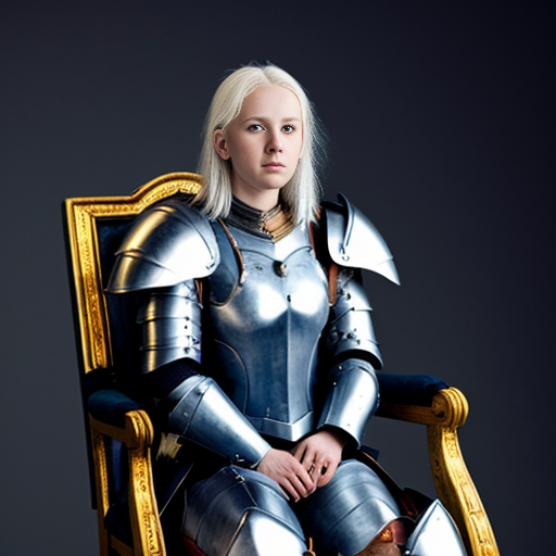young tall white-haired woman in armor sits on a throne