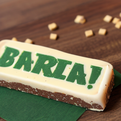 generate an image of a protein bar which is yellow and green with the words little bits on it