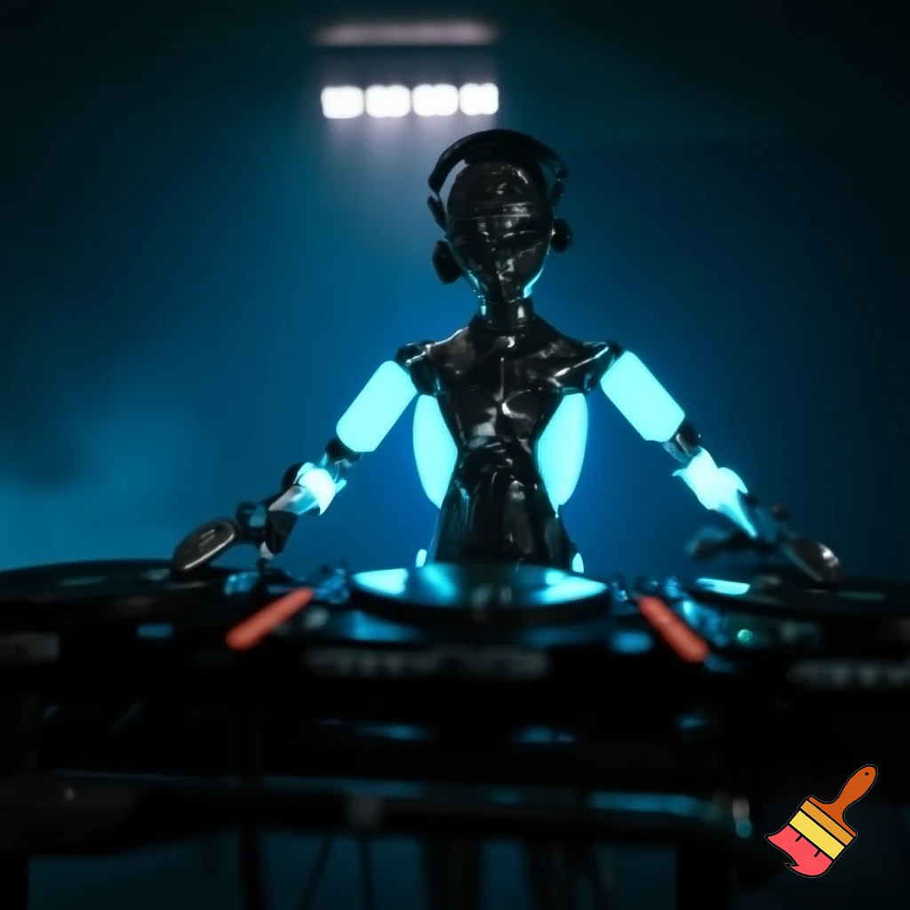 Create an image of a woman playing techno music in robot style.