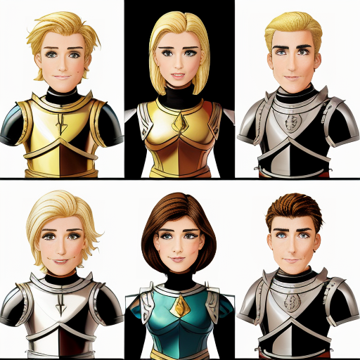 A cartoon image of three Knights. On the left is an older man. In the middle is a girl knight with golden armor. On the right is a man with blonde hair.