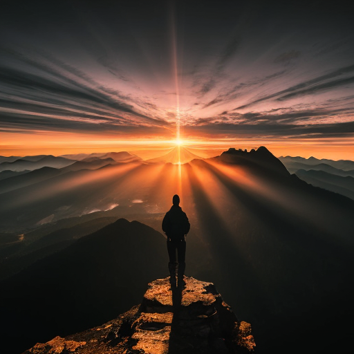 "A majestic sunrise over mountains with a person standing on a peak, looking inspired, cinematic lighting, ultra-detailed, motivational atmosphere"