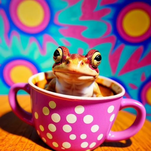 A hillarious, funny boho toad with some hippie colored coffee cups. Psychedelic decorated background, hyperrealistic. Close-up view.