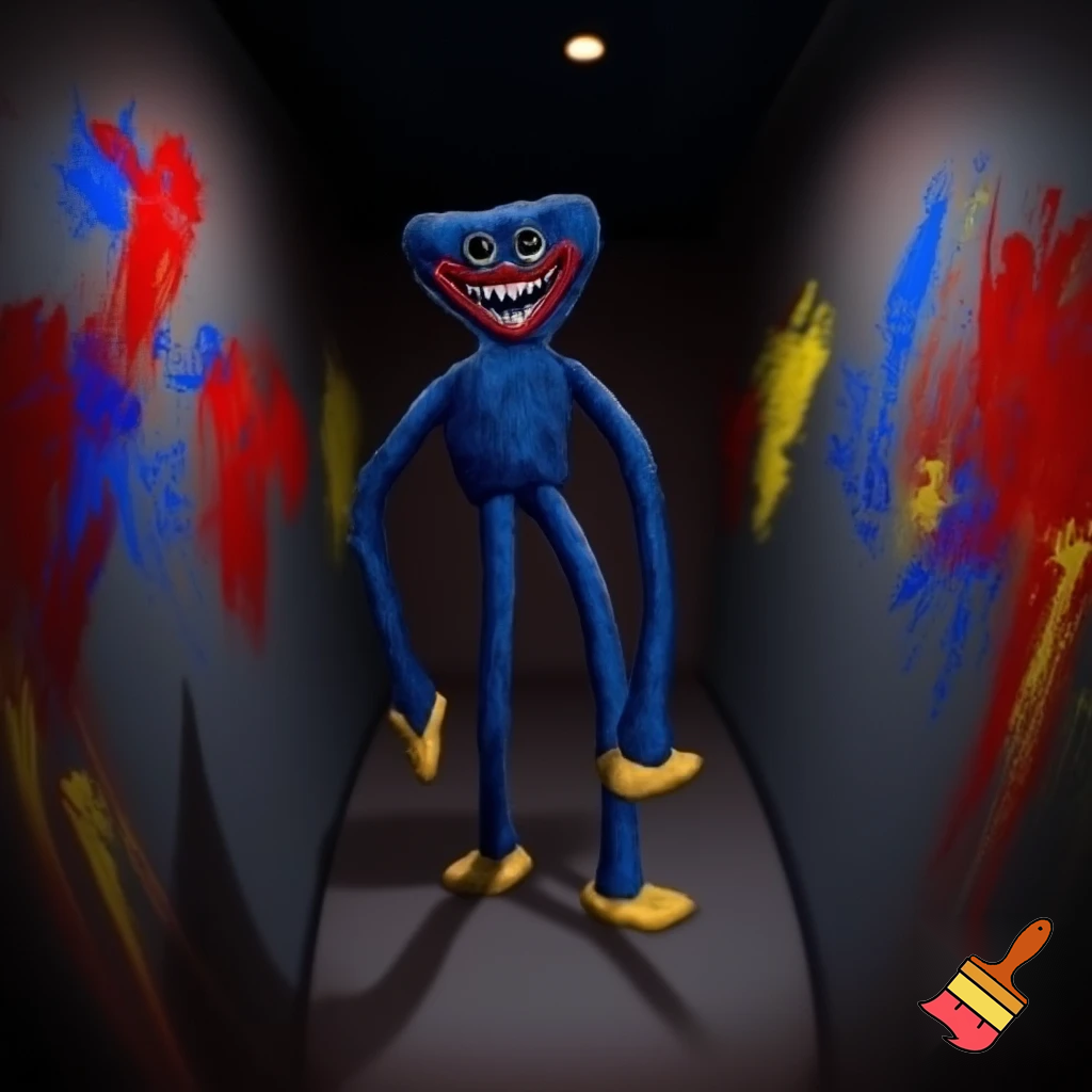 huggy wuggy in a dark gray hallway with some pictures painted in red, yellow, and blue. The feel is creepy and it feels off.