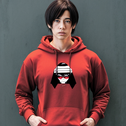 Super tuff nonchalant anime dude with a red shirt black hoodie and blue eyes