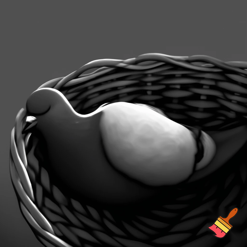 Piccione bianco e nero che dorme in una cesta